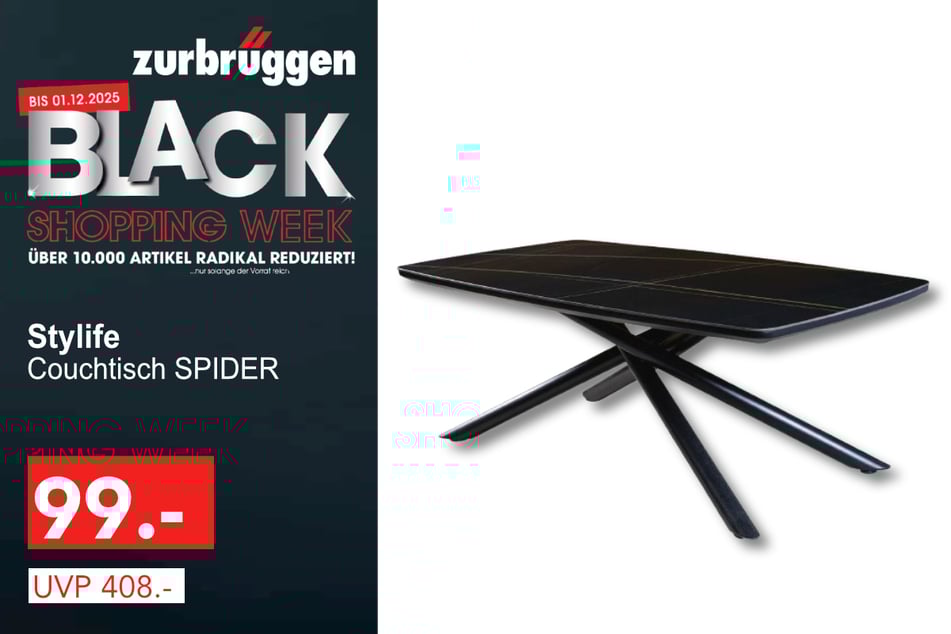 Der Stylife Couchtisch SPIDER
für 99 statt 408 Euro.