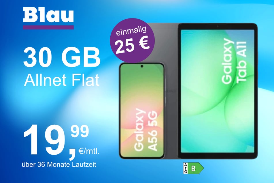 Das Samsung Galaxy A56 + Tab A11 im Blau Allnet L für einmalig 25 Euro.