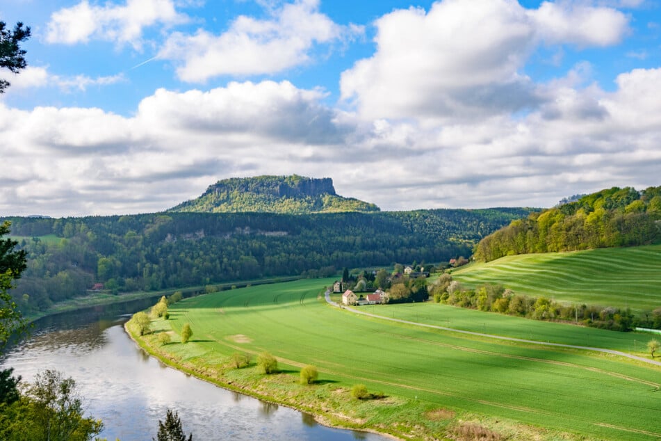 Panoramablick auf die Elbschleife in der Sächsischen Schweiz mit dem historischen Lilienstein.