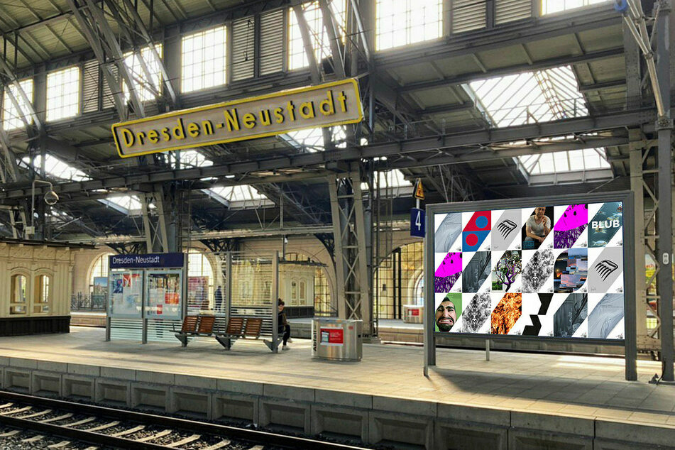 Eine Werbetafel voller Plakatkunst, hier im Bahnhof Neustadt.