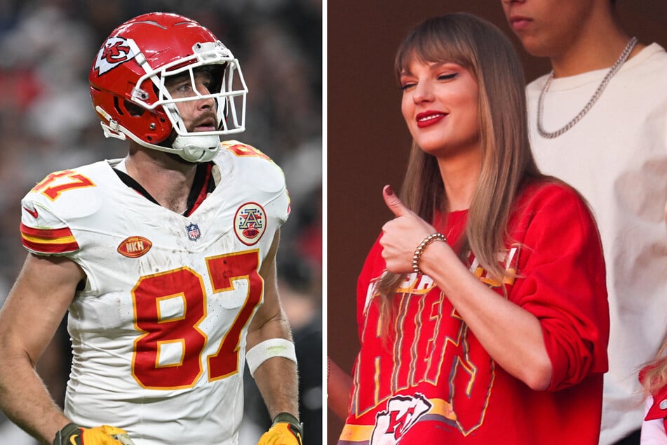 Taylor Swift (r) is reportedly planning to travel to Green Bay on Sunday to cheer on Travis Kelce and the Kansas City Chiefs.