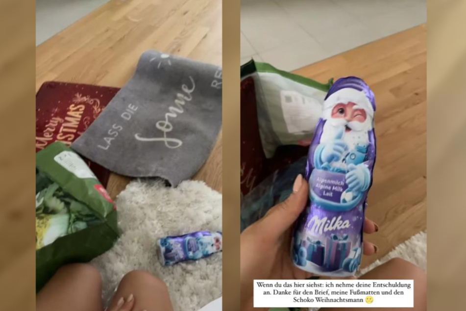 Der Dieb entschuldigte sich bei Influencerin Gerda Lewis (28) und gab die Fußmatten samt Entschuldigungs-Brief und Schoko-Weihnachtsmann wieder zurück.