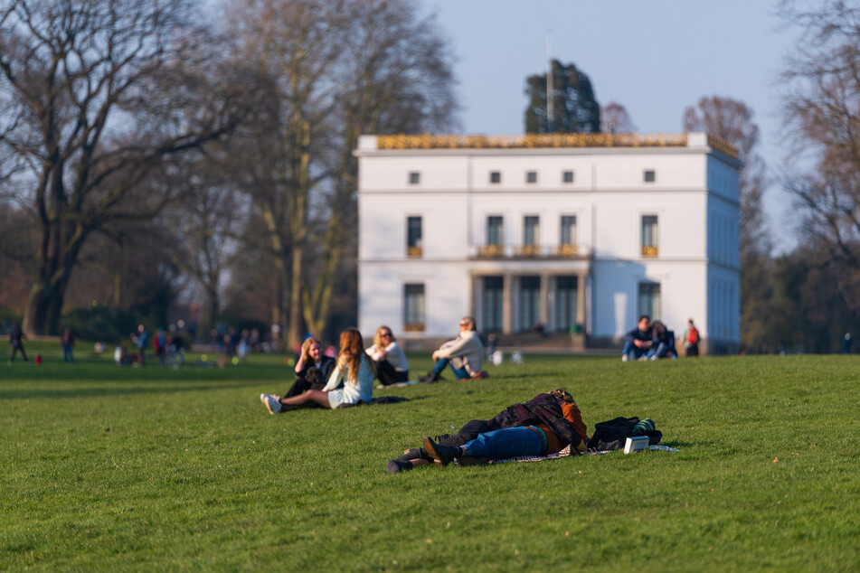 Menschen genießen das sonnige Wetter auf einer Wiese im Jenischpark.