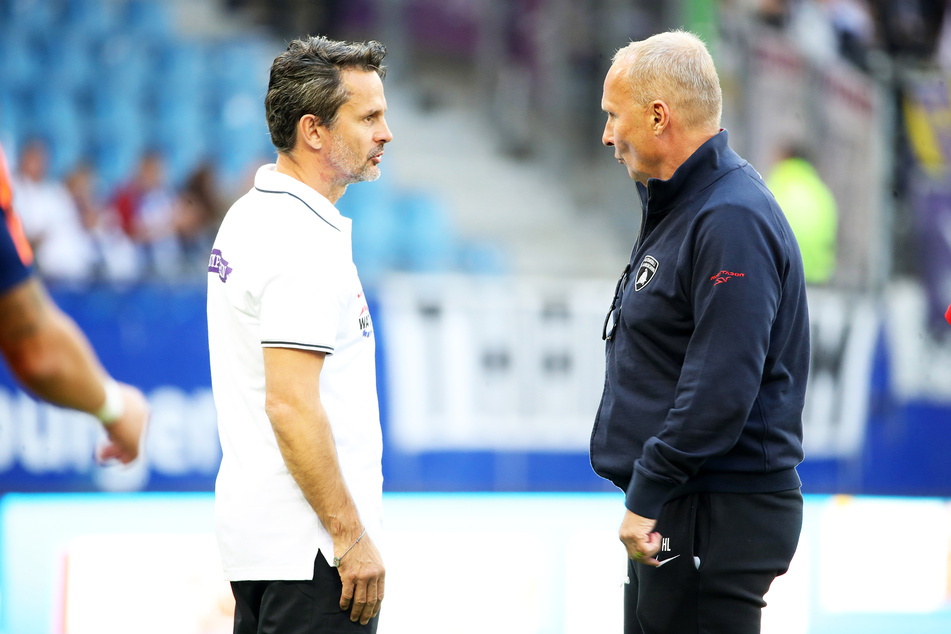 Haben viel zu bereden: Dirk Schuster (l.) und Helge Leonhardt.