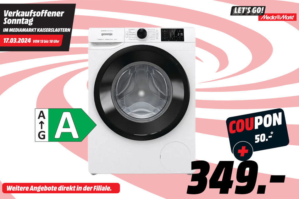 Gorenje-Waschmaschine für 349 Euro + 50-Euro-Coupon.