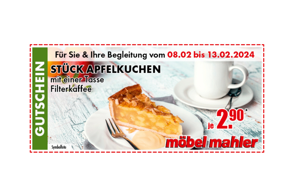 Den Coupon einfach auf dem Handy an der Kasse vorzeigen, sparen und Apfelkuchen genießen.