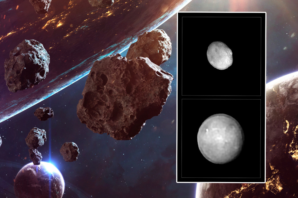 Die Fotos rechts, die mit dem SPHERE-Instrument (Spectro-Polarimetric High-contrast Exoplanet REsearch) aufgenommen wurden, zeigen Ceres (u.) und Vesta, die beiden größten Objekte im Asteroidengürtel zwischen Mars und Jupiter.