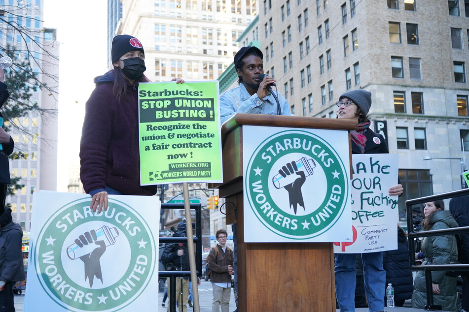 Members of the Amazon Labor Union came out in support of their fellow workers and the Starbucks Workers United movement.