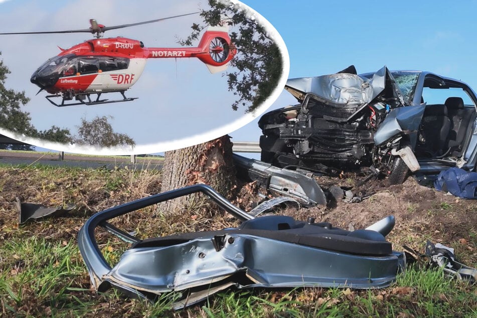 Wegen stürmischer Windböe? Skoda kracht frontal gegen Baum: Hubschrauber im Einsatz