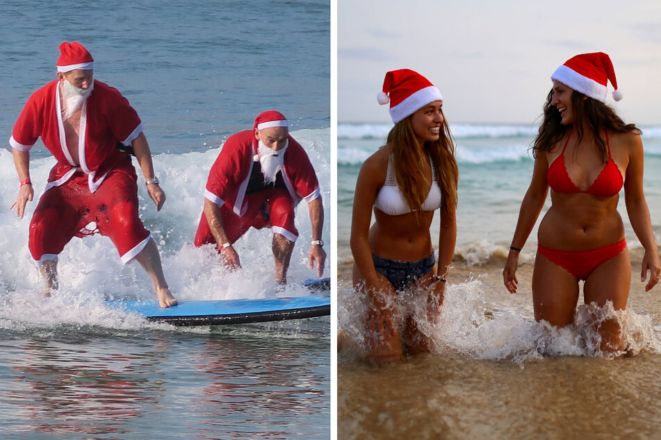 Beachgoers wearing Santa Claus gear typically flock to beaches on Christmas Day in Australia.
