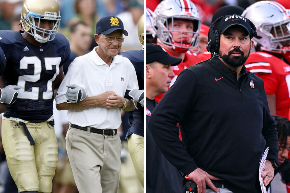 Notre Dame legendary coach Lou Holtz took major jabs at Ohio State football, calling out head coach Ryan Day (r.) on a live episode of The Pat McAfee Show.