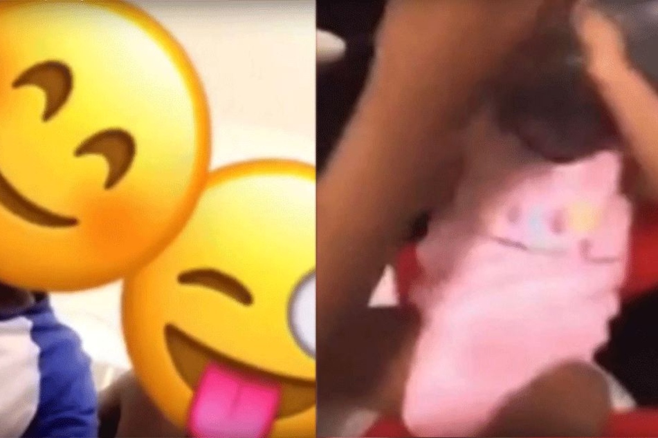 Links: Feige verstecken sich die Teenie-Eltern hinter Emojis. Rechts: Ihr Baby hat einen Plastikbeutel über dem Kopf!