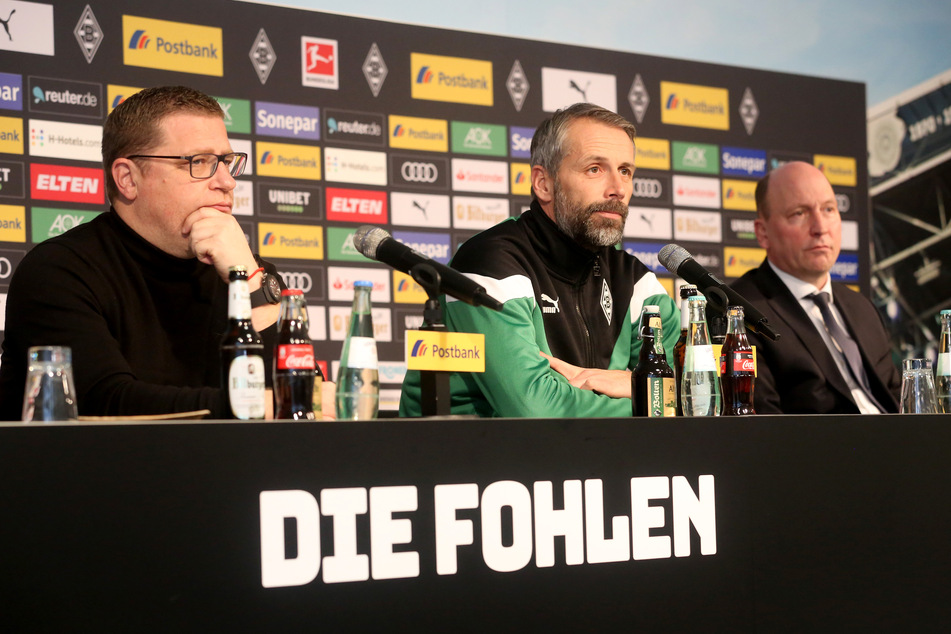 Der Sportdirektor von Borussia Mönchengladbach Max Eberl, Trainer Marco Rose und Geschäftsführer Stephan Schippers (v.l).