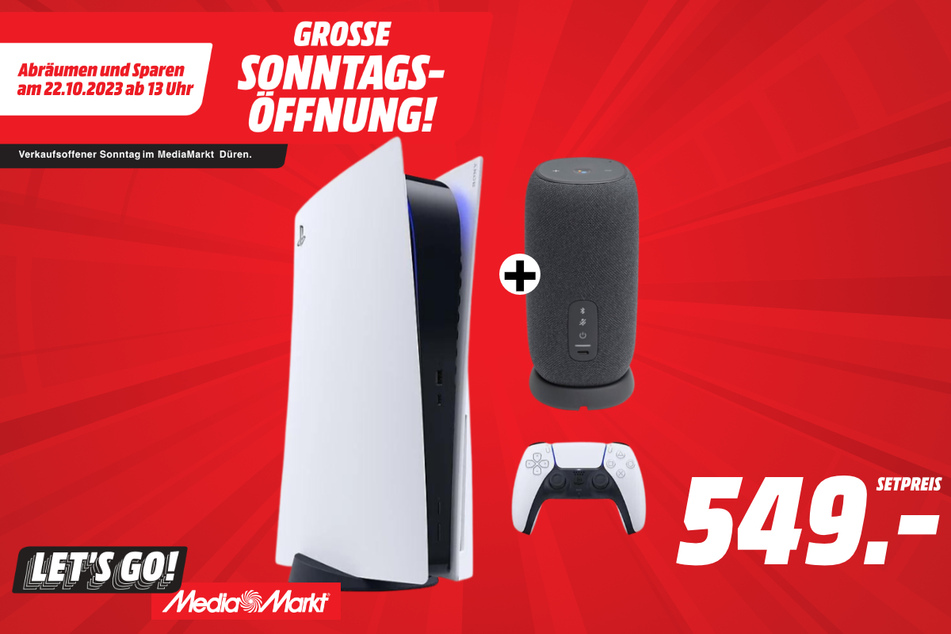 Sony PlayStation 5 plus JBL-Bluetooth-Lautsprecher für 549,99 Euro.