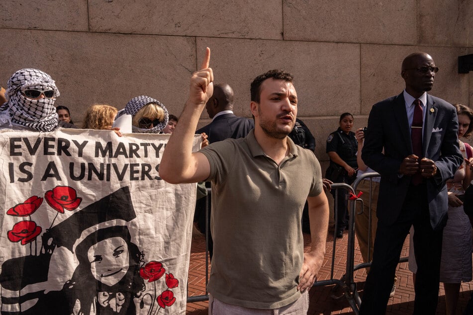 Mahmoud Khalil attends a vigil and protest for Palestine outside of Columbia University on October 7, 2025.