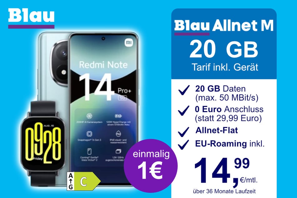 Das Xiaomi Redmi Note 14 Pro Plus + Watch 5 Active im Blau Allnet M für einmalig 1 Euro.