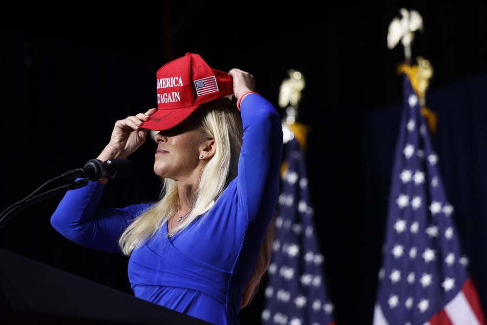 Marjorie Taylor Greene addressing a campaign rally crowd with Republican presidential candidate Donald Trump at the Forum River Center in Rome, Georgia on March 09, 2024.