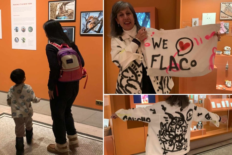 TAG24 News was live on the scene to find out why this little animal had such a big impact on New Yorkers, including a look at some of Calico Arevalo's Flaco-inspired artwork (r.) as modeled by Valerie Hartman.