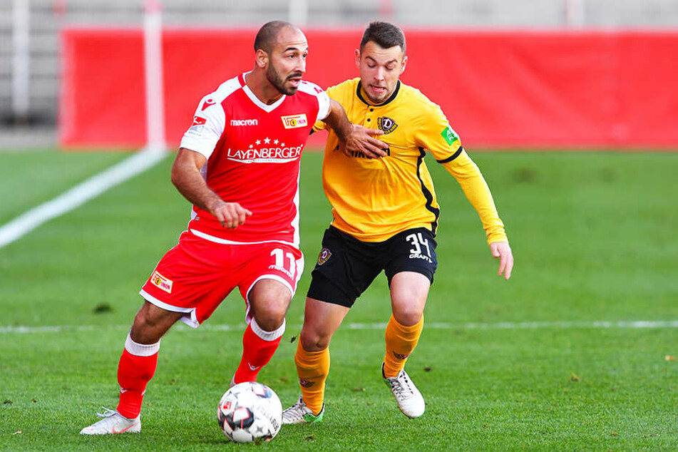 Ex-Dynamo-Kicker Akaki Gogia (l.) im Duell mit Dynamos Justin Löwe.