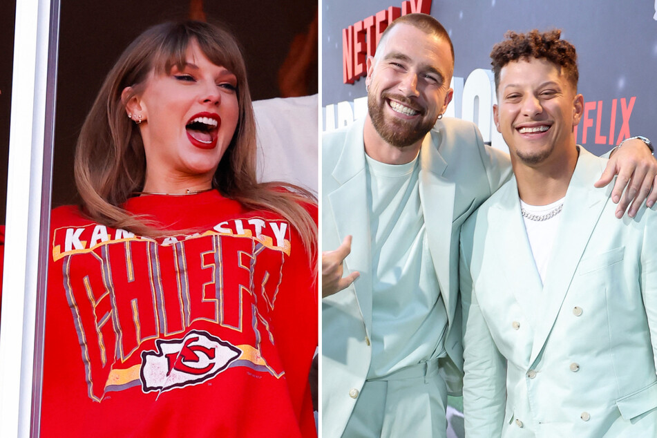 Patrick Mahomes (r) gushed over Taylor Swift as he praised her and Travis Kelce's high-profile romance.