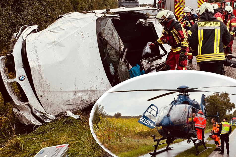 Fahrer nach schwerem Unfall in BMW eingeklemmt: Hubschrauber im Einsatz