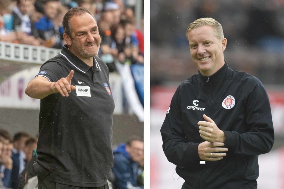 Frank Schmidt (47, links) Trainer der Heidenheimer, trifft am Samstag auf St.-Pauli-Chef Timo Schultz (44).
