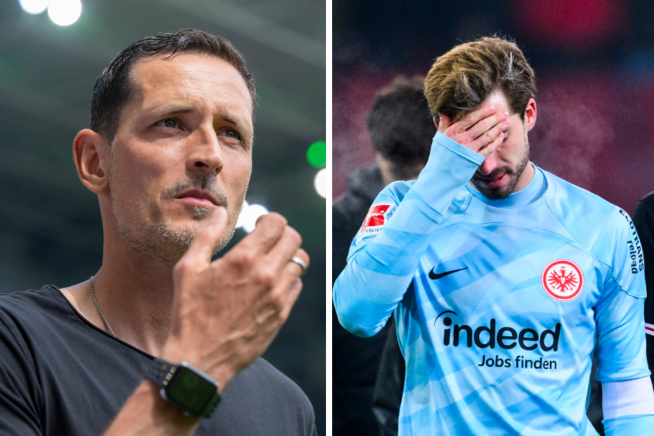 Eintracht Frankfurts Cheftrainer Dino Toppmöller (43, l.) glaubt, dass Kevin Trapp (33) an seiner Nicht-Nominierung für die Heim-EM nicht lange zu knabbern hat.