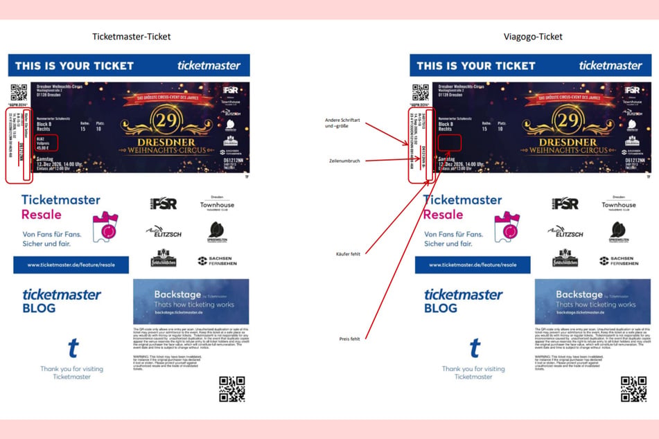 Echt versus manipuliert: Beim Viagogo-Ticket (r.) fehlen Ticketpreis und Name des Käufers.