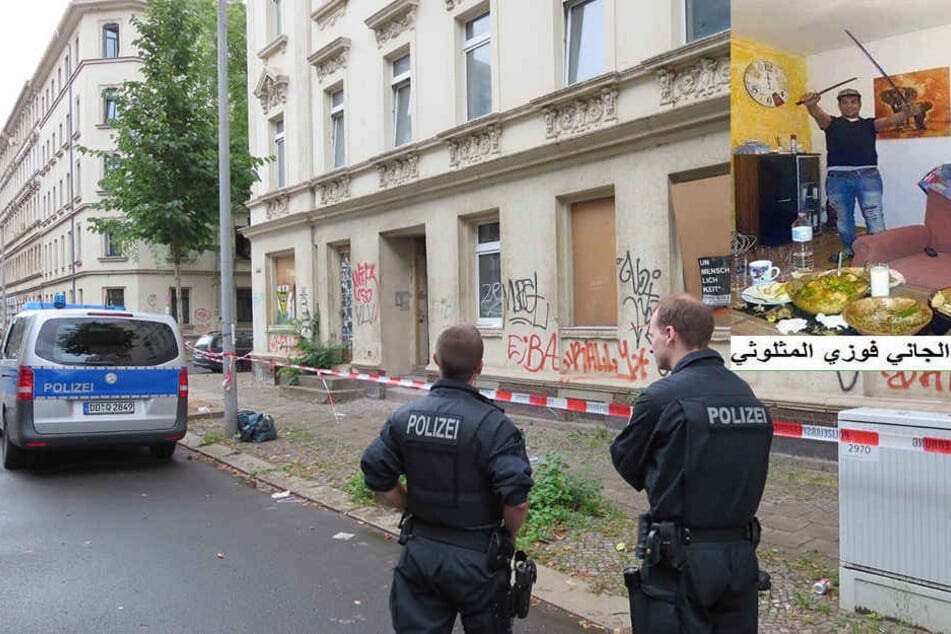 Polizisten sperren das Wohnhaus des Täters ab. Hier soll Faouzi M. die zwei Landsleute getötet und zerstückelt haben. Im Internet posierte der Tunesier mit Schwert und Machete.