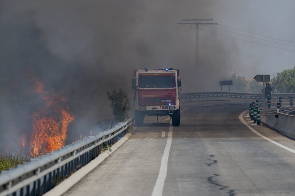 Ein Löschfahrzeug ist zur Bekämpfung eines Waldbrands im Einsatz.