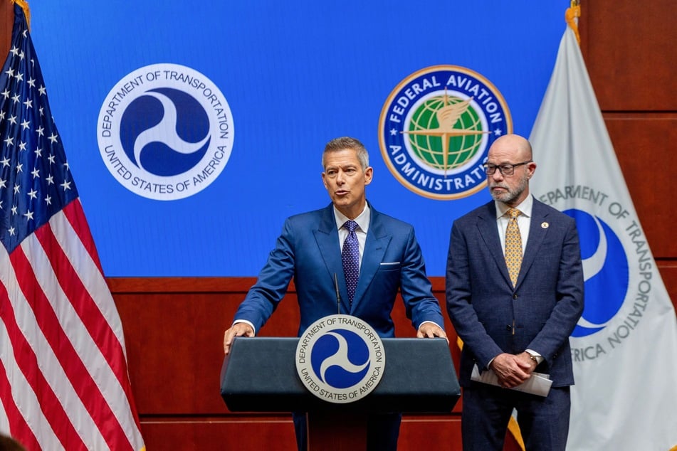 Transportation Secretary Sean P. Duffy (l.) and FAA Administrator Bryan Bedford hold a press conference at the US Department of Transportation headquarters on November 5, 2025.