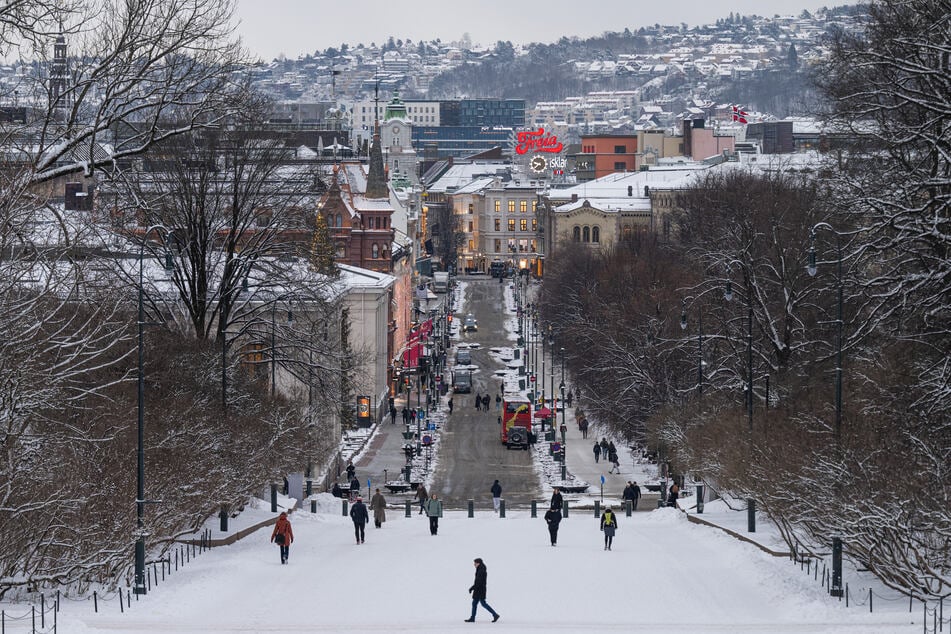 This picture taken on January 9, 2026 shows view over Karl Johans street in Oslo, Norway.