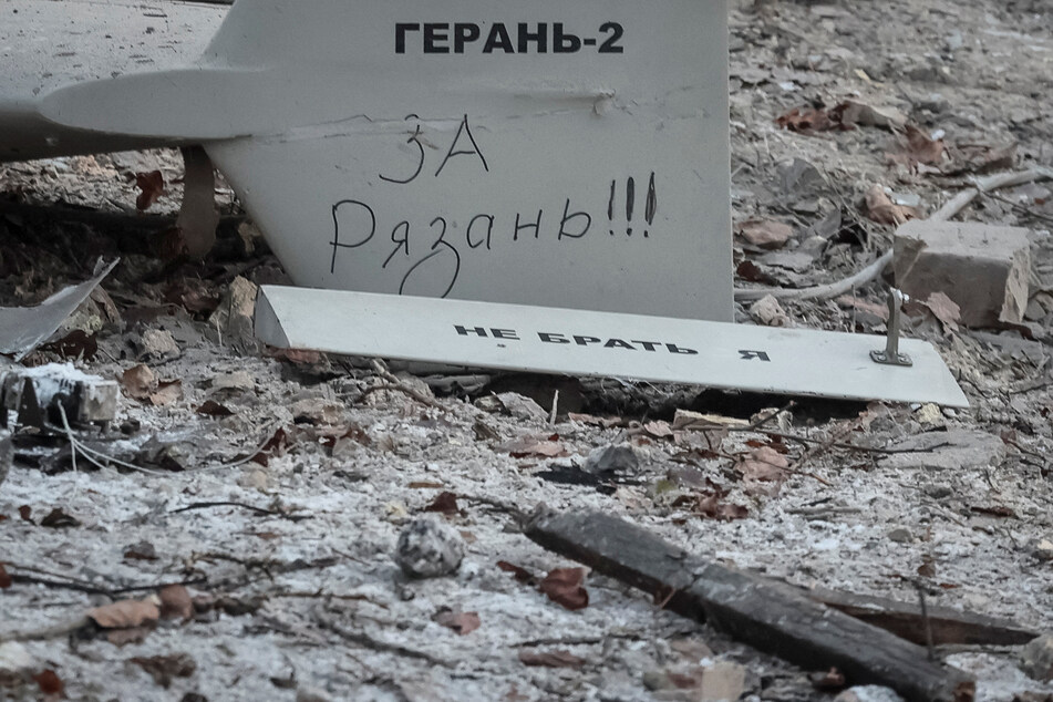 The remains of a Russian drone that hit Kyiv on Wednesday morning.