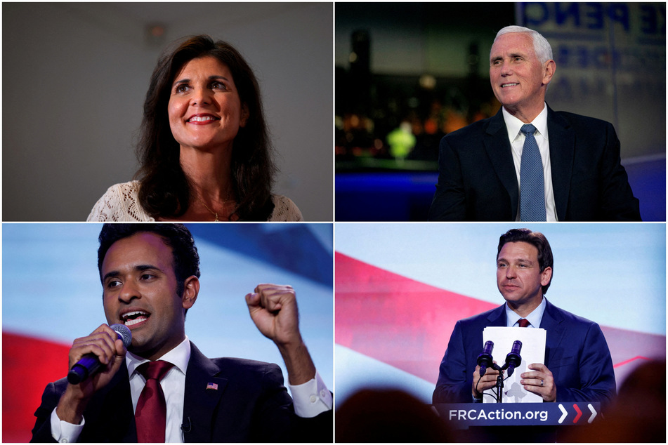 Clockwise: Nikki Haley, Mike Pence, Ron DeSantis, and Vivek Ramaswamy will headline the second 2024 Republican primary debate.