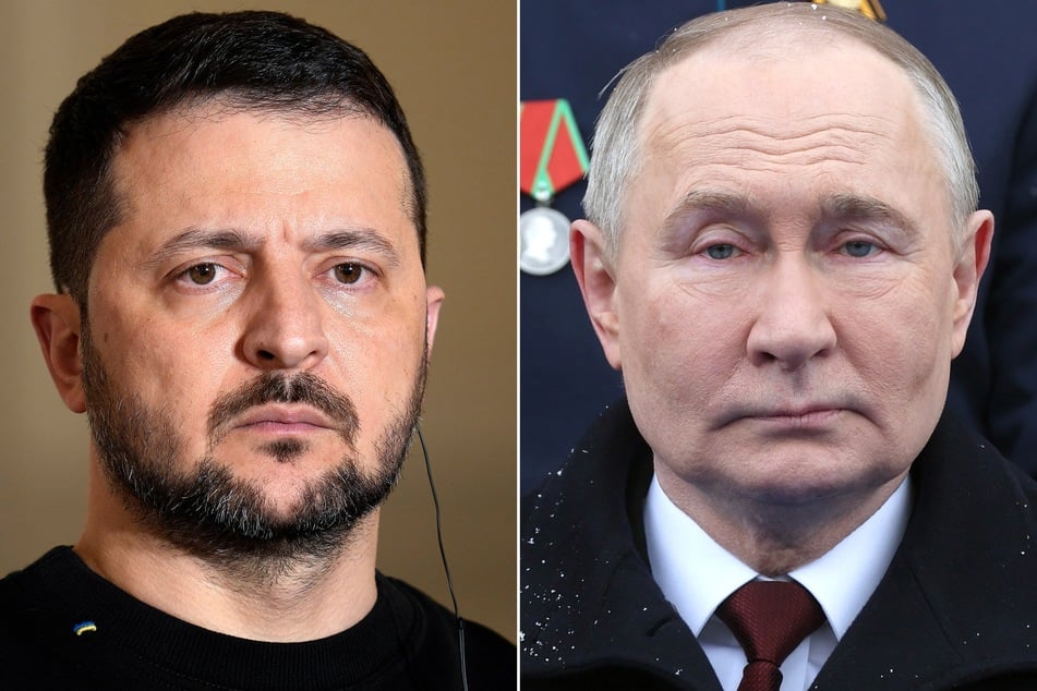 The Kremlin on Saturday said a meeting between Russian President Vladimir Putin (r.) and Ukrainian President Volodymyr Zelensky (l.) would be possible only after both sides reach an agreement.