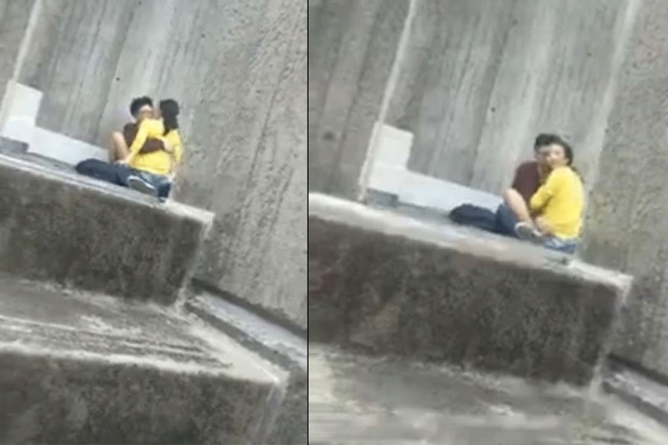 Eine andere Person schlich sich von hinten an. Das Paar reagierte überrascht und suchte erschrocken das Weite.