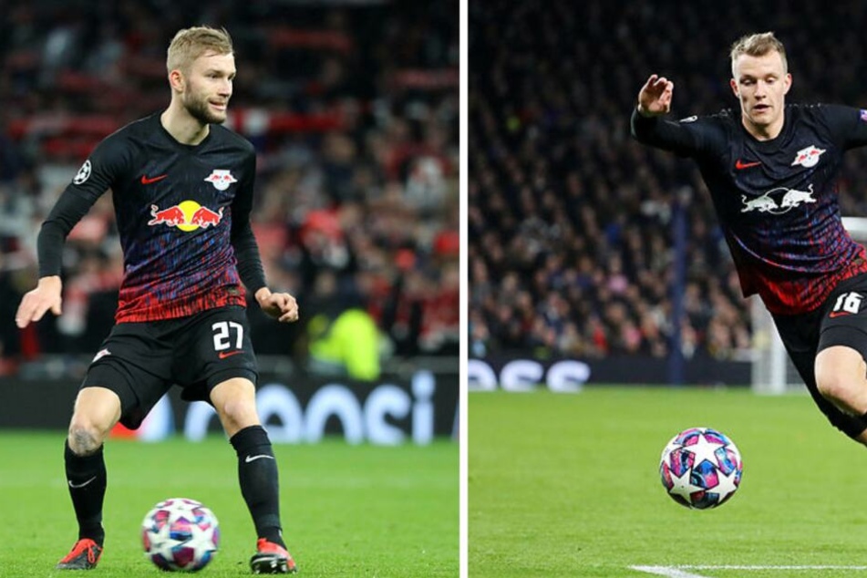 Verwirrung in der ersten Halbzeit: Während das Red-Bull-Logo z.B. bei Konrad Laimer bunt war (l.), war Lukas Klostermanns weiß (r.).