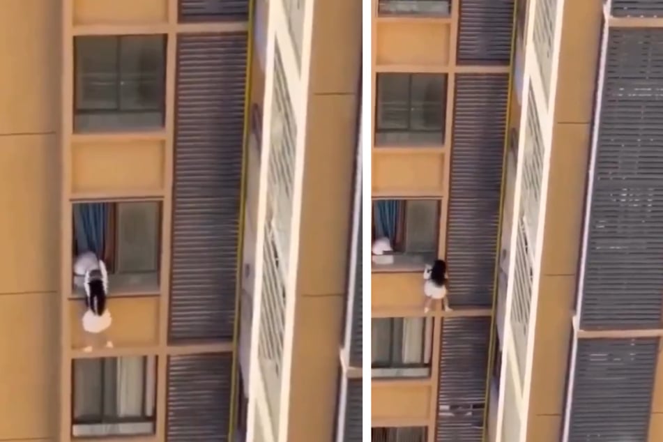 In China ist eine Frau aus der 10. Etage eines Hochhauses geklettert.