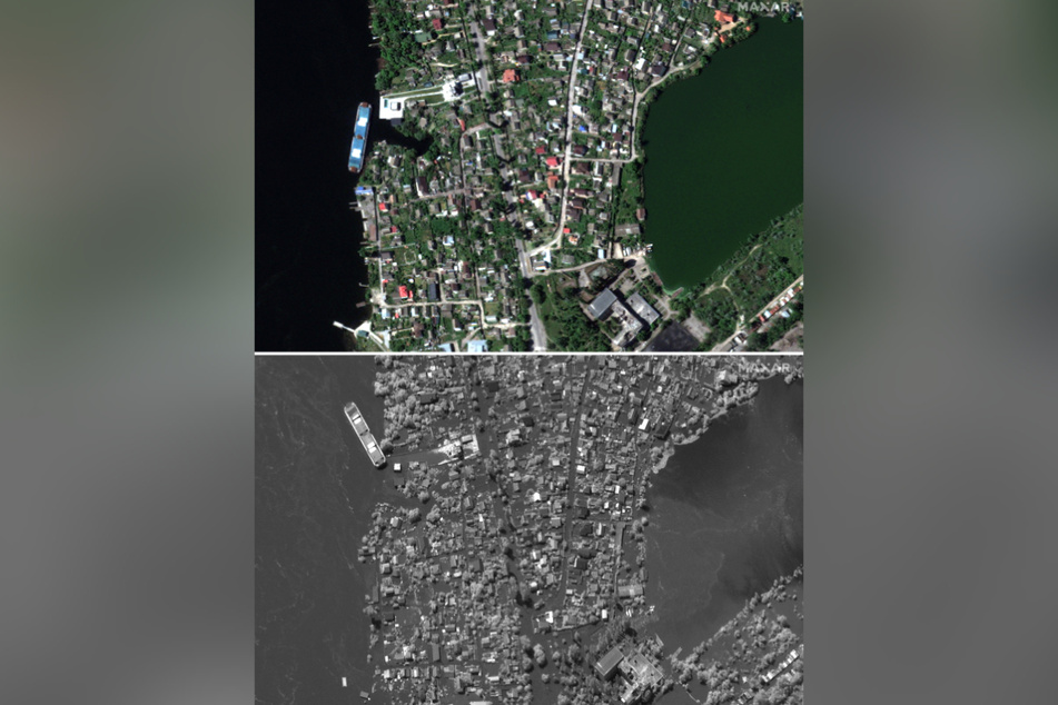 Diese Bildkombo aus von Maxar Technologies zur Verfügung gestellten Satellitenaufnahmen zeigt ein Wohngebiet im Südosten der Stadt in der Südukraine vor der Explosion (oben, Aufnahme vom 15.05.2023) und danach (unten, Aufnahme vom 06.06.2023).