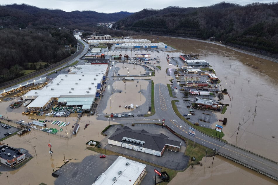 Flooding after powerful storms is pictured from above in Pikeville, Kentucky, on February 16, 2025.