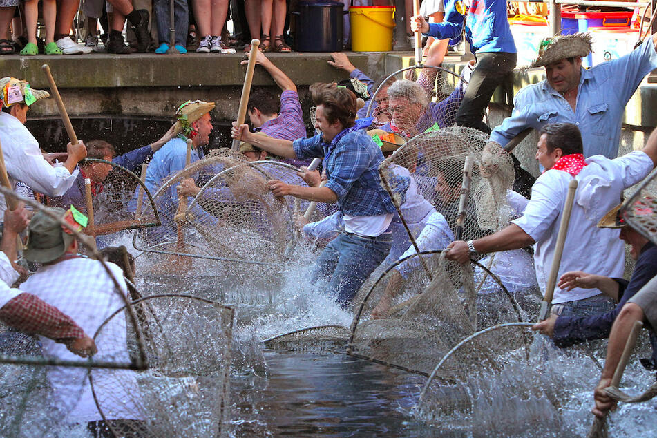 Teilnehmer des "Fischertages" springen mit ihren Keschern, den sogenannten "Bären", in den Stadtbach von Memmingen (Bayern). Bisher durften nur Männer an der Tradition teilnehmen.