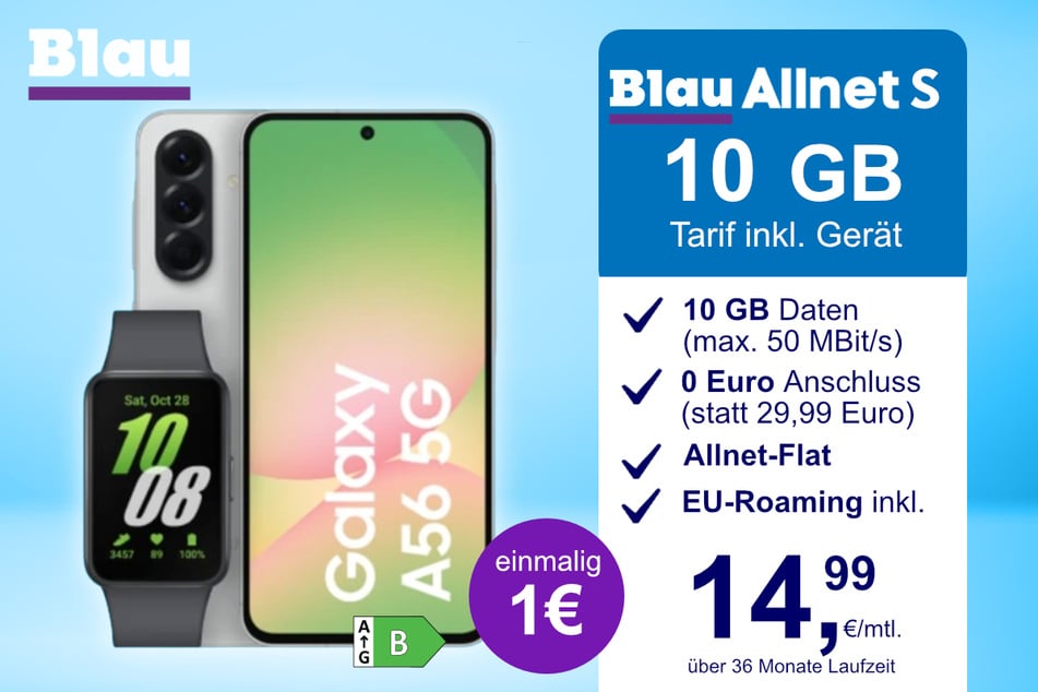 Das Samsung Galaxy A56 + Galaxy Fit 3 im Blau Allnet S für einmalig 1 Euro.