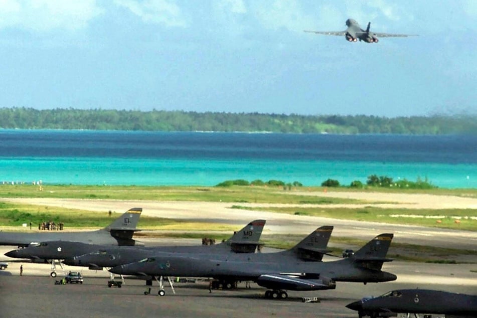 A US Air Force B-1B bomber takes off from a military base on the island of Diego Garcia.