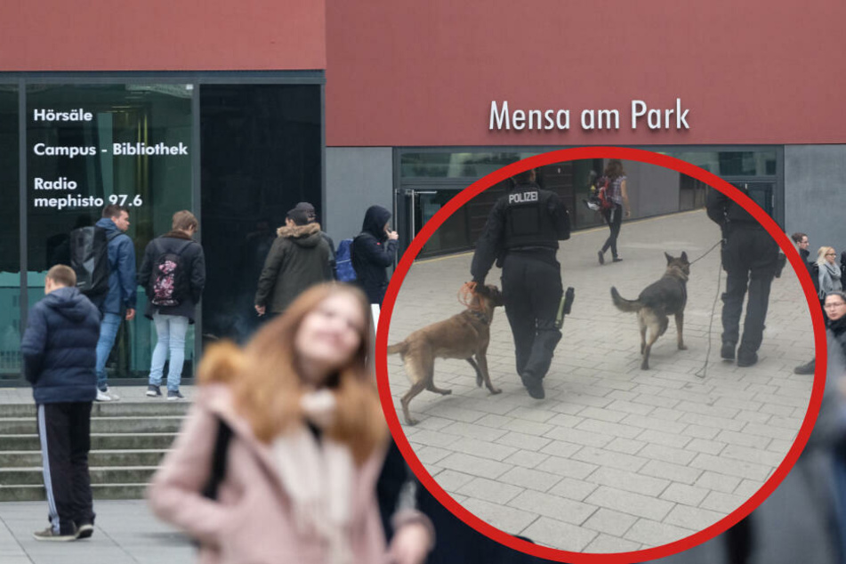Zwei Polizisten waren auf dem Uni-Campus mit Drogenspürhunden unterwegs.