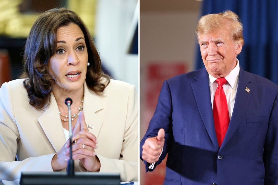 Donald Trump's (r.) presidential campaign has filed a complaint that seeks to block Kamala Harris (l.) from receiving funds Joe Biden raised before dropping out.