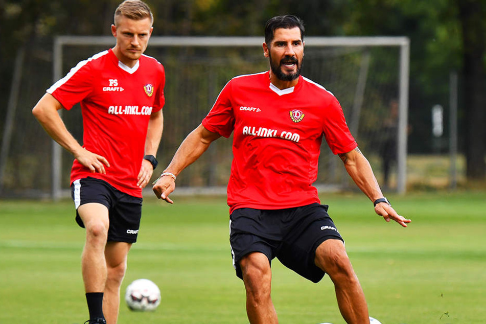 Dynamisch wie eh und je: Dresdens Interimstrainer Cristian Fiel (r.). Co-Trainer Felix Schimmel (l.) schaut gebannt zu.