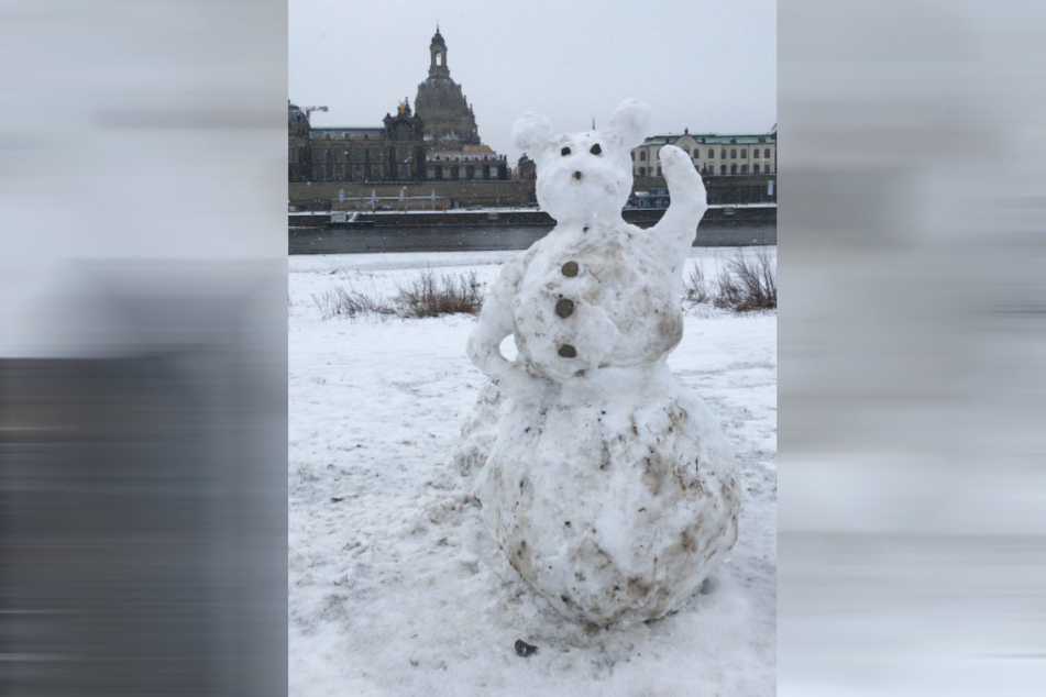 Ein Disney-Fan verzierte den Schneemann auf den Elbwiesen mit Mickey-Mouse-Ohren.