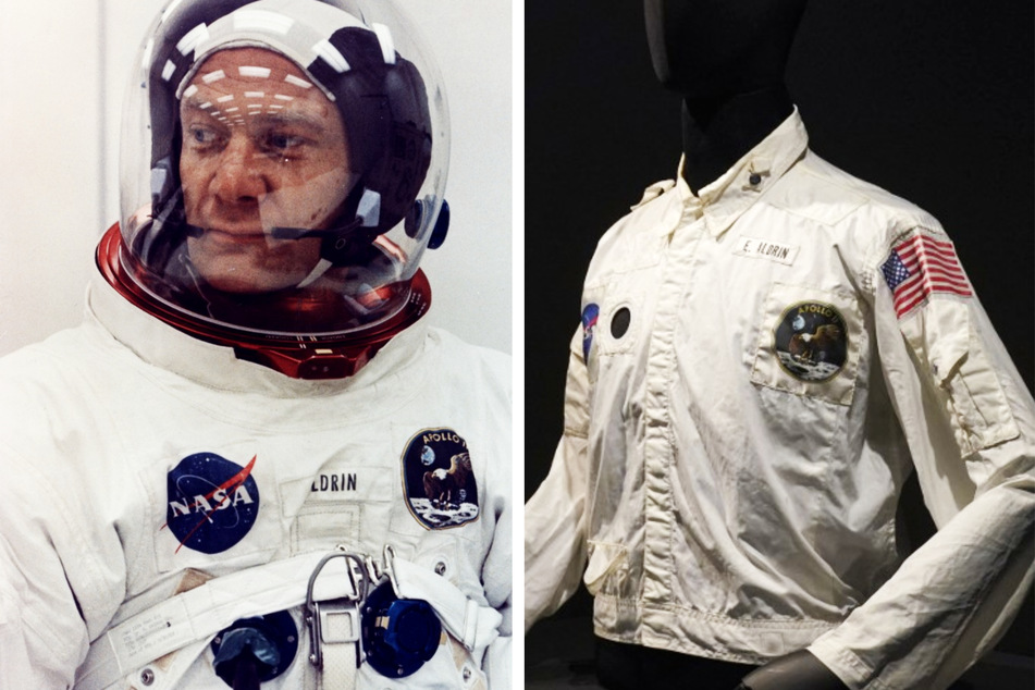 The jacket worn by astronaut Buzz Aldrin (l.) during the Apollo 11 moon landing mission of 1969 was auctioned off on Tuesday for a record-breaking price.