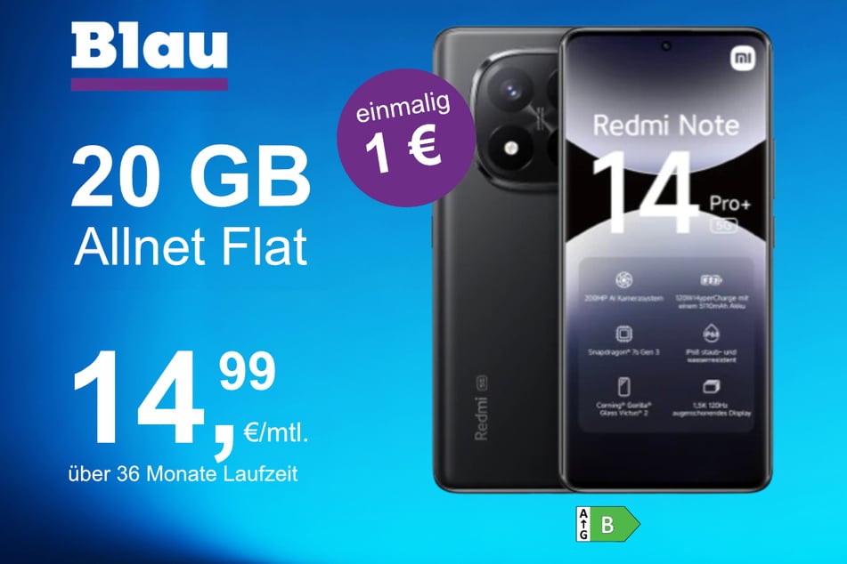 Das Xiaomi Redmi Note 14 Pro Plus im Blau Allnet M für einmalig 1 Euro.