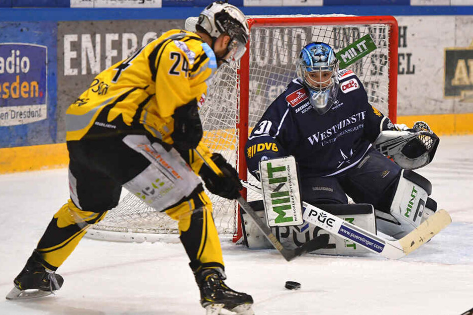 Tigers-Stürmer Michal Bartosch (l.) netzte gegen Eislöwen-Keeper Marco Eisenhut zweimal ein, weil der Franke mutterseelenallein gelassen wurde. Das darf heute nicht passieren